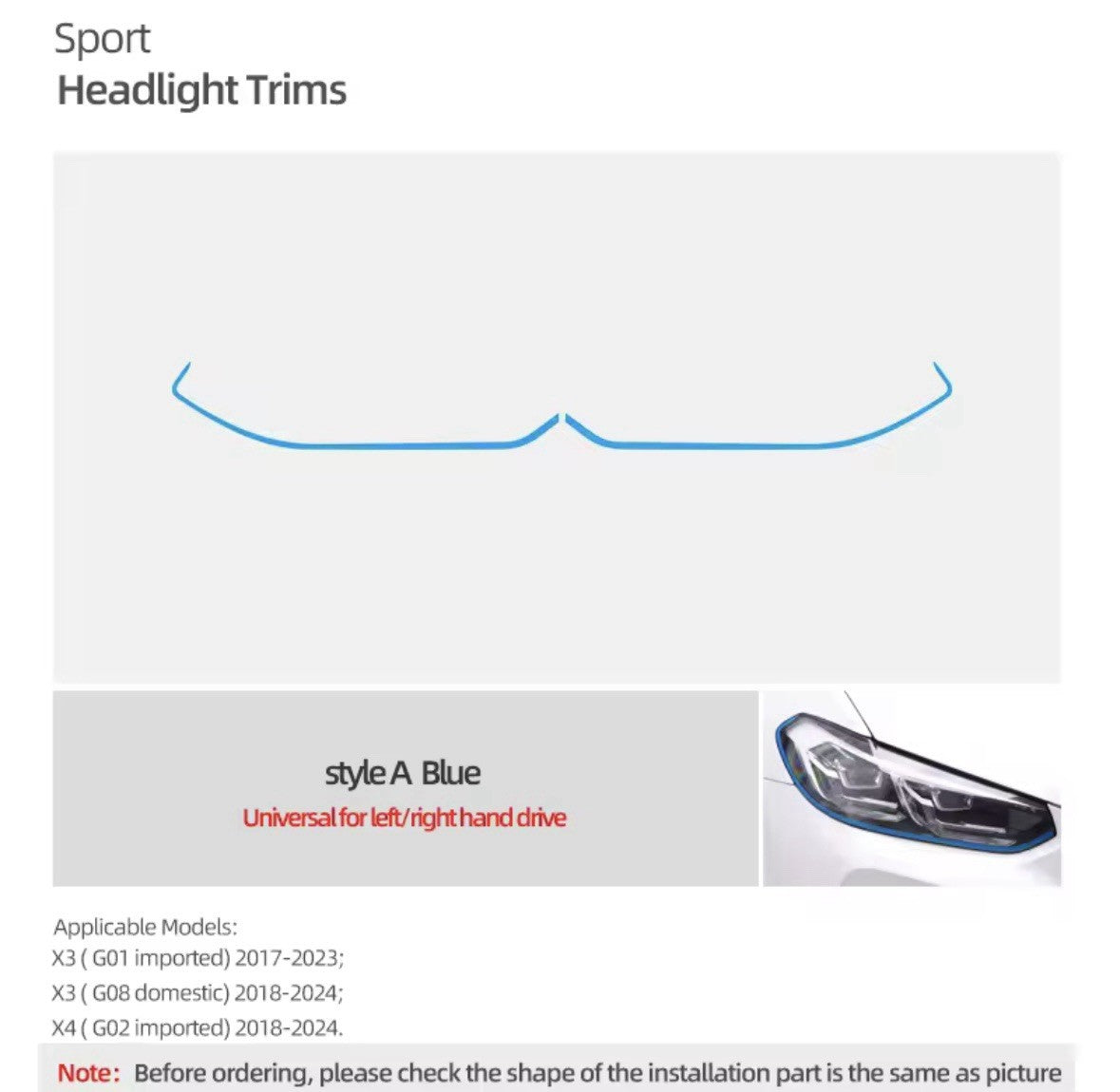 BMW X3 G01 G08 X4 G02 2017-2024 Light Blue Headlight Eyebrow Liner Strips 2pcs