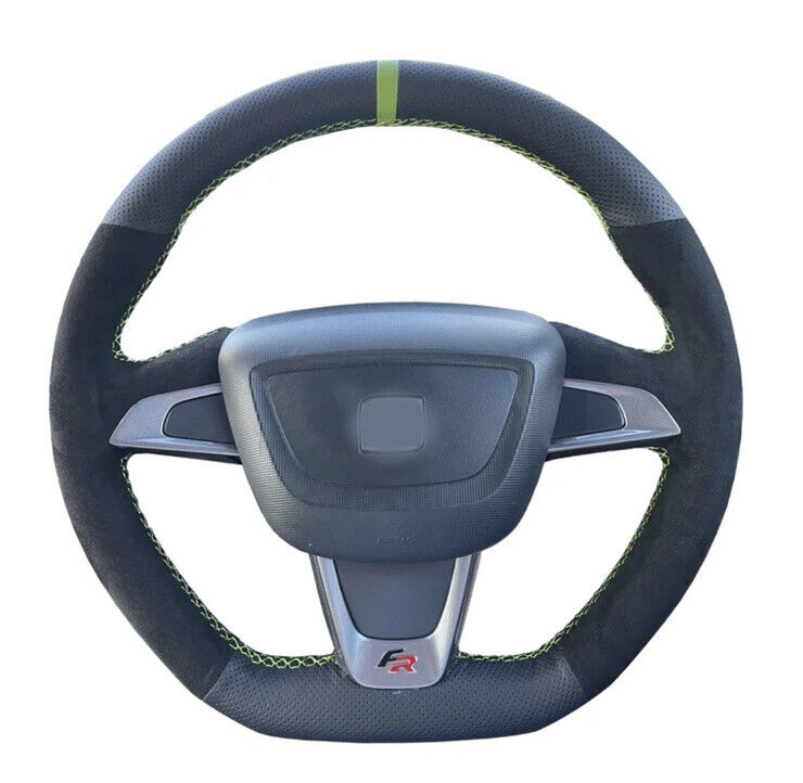 Seat Ibiza FR Black Suede & Leather Steering Wheel Cover Green Self Stitch