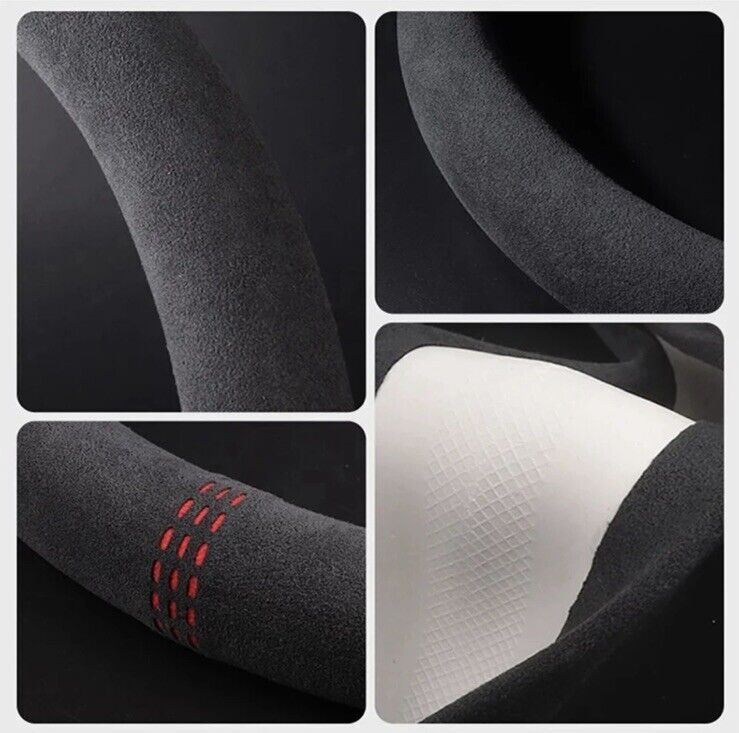 38cm Black Suede Flat Bottom Steering Wheel Cover Red Centre Line Universal Fit