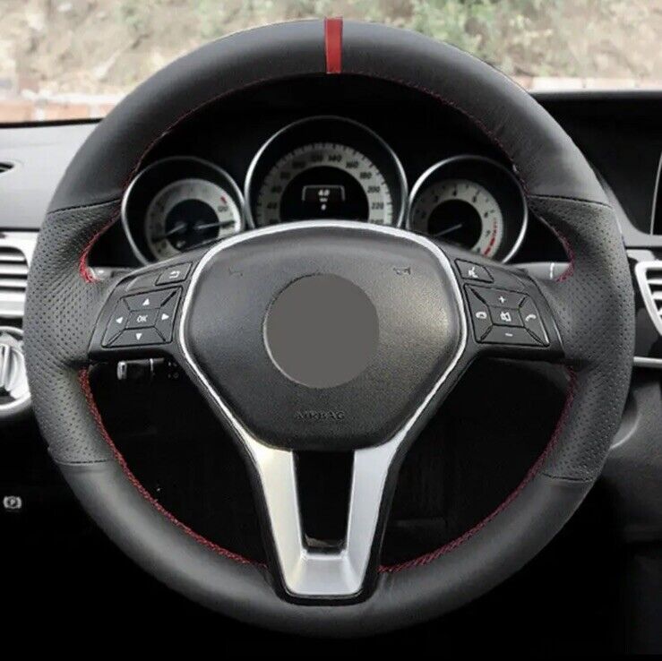 Mercedes A B C CLA E GLA Class Leather Steering Wheel Cover Red Stitch & Line