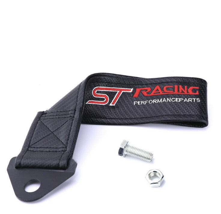 ST Racing Tow Strap 28cm Black With Fixing Bolt JDM Style Tow Rope Carbon Effect