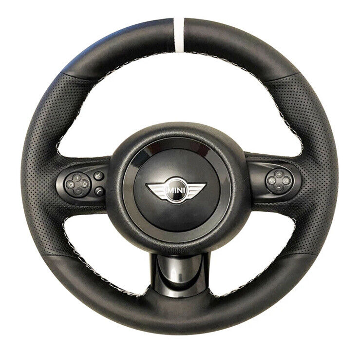 Mini Cooper R56 R57 Black Leather Steering Wheel Cover White Thread Self Stitch