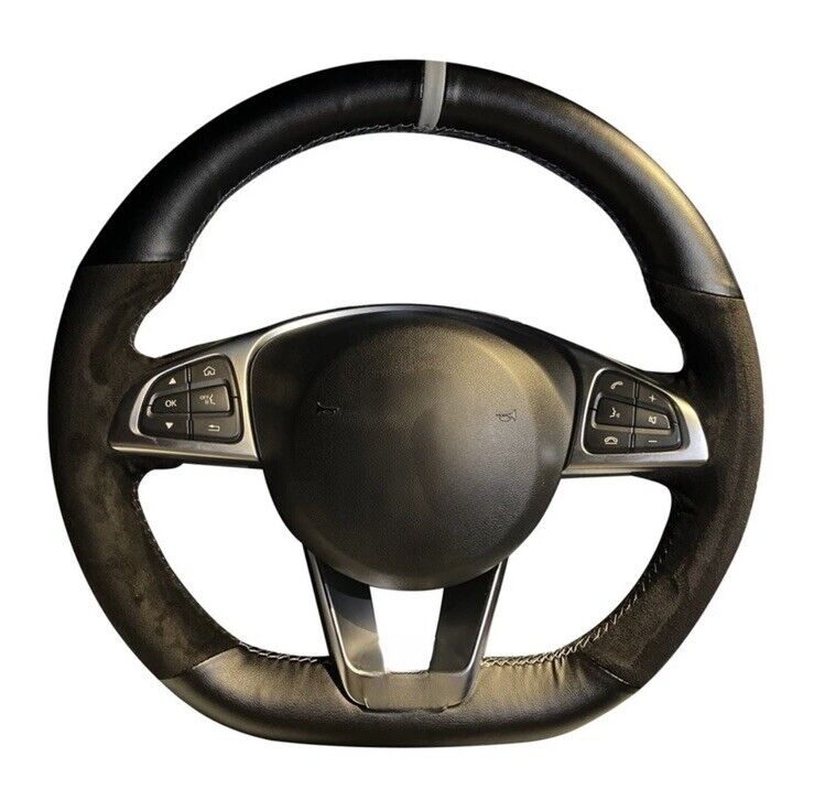 Mercedes A B C CLA Class Suede & Leather Steering Wheel Cover Grey Stitch & Line