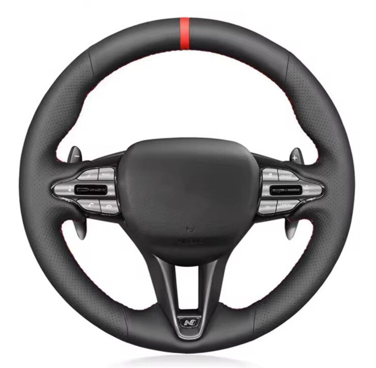 Hyundai I30 Kona Veloster N Leather Steering Wheel Cover Self Stitch Red Thread