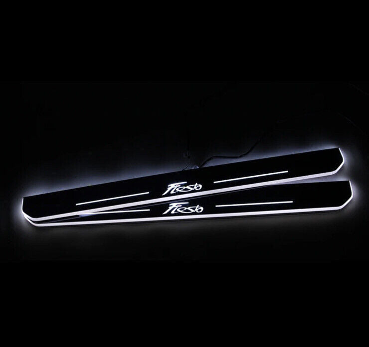 Ford Fiesta White LED Door Sill Protector Strips Door Scuff Plate Lights Chrome