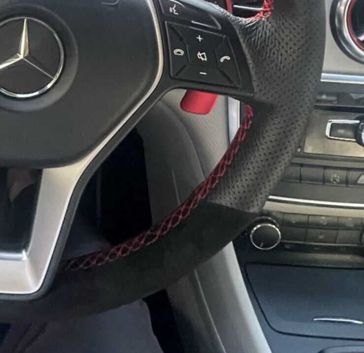 Mercedes A B E CLA Class Suede & Leather Steering Wheel Cover Red Stitch & Line