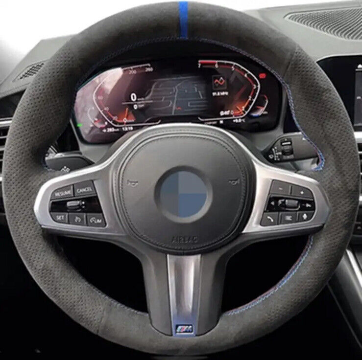 BMW 34578X G Series M Sport Suede Steering Wheel Cover Self Stitch Blue Stitch