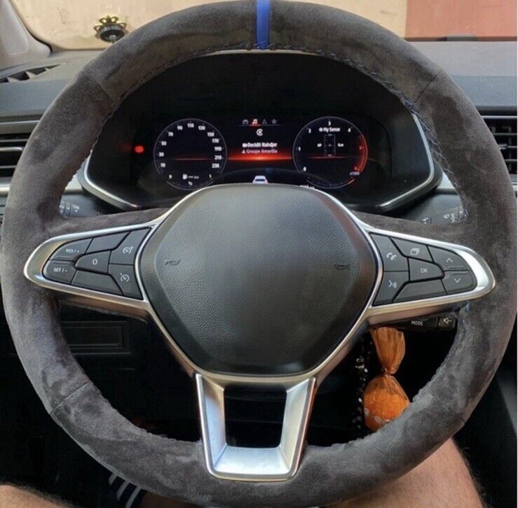 Renault Clio Zoe Captur Suede Steering Wheel Cover Self Stitch Black & Blue