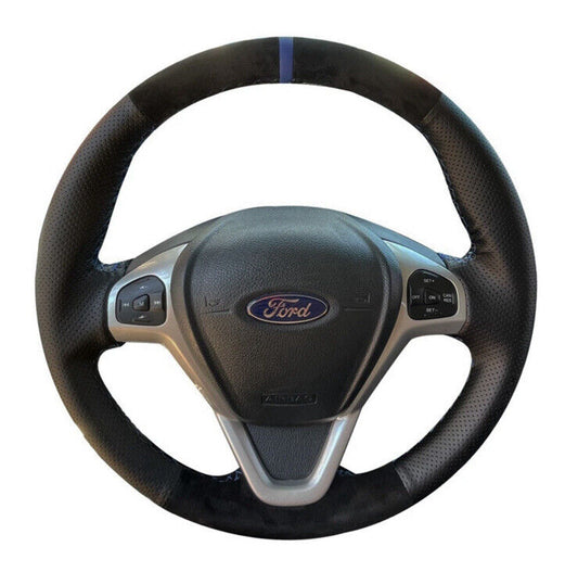 Ford Fiesta MK7/7.5 Black Suede Leather Steering Wheel Cover Blue Thread & Line