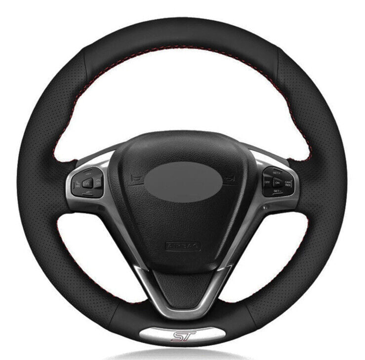 Ford Fiesta ST MK7 MK7.5 Black Leather Steering Wheel Cover Red Thread
