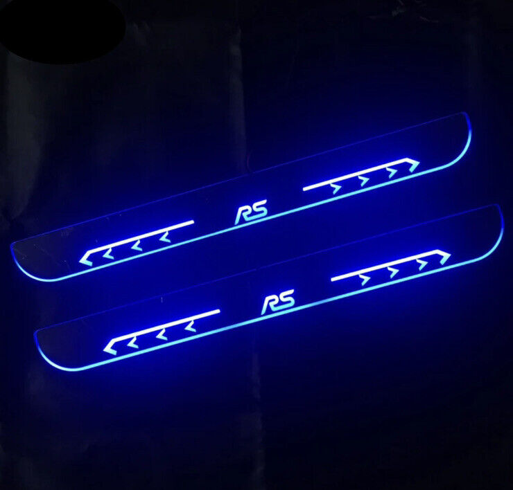 Ford Focus RS Blue LED Door Sill Protector Strips Chrome Scuff Plates 2pcs