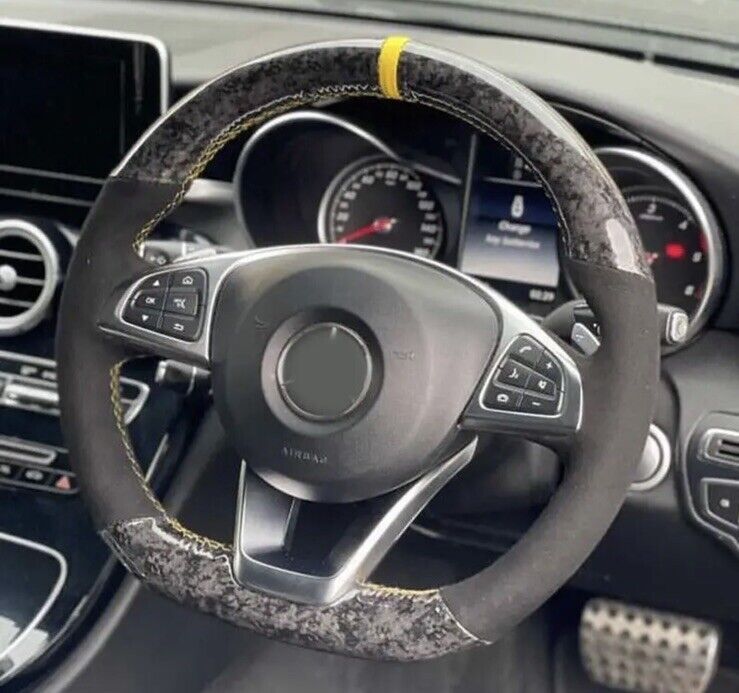 Mercedes A B C CLA Class Forged Carbon & Suede Steering Wheel Cover Yellow