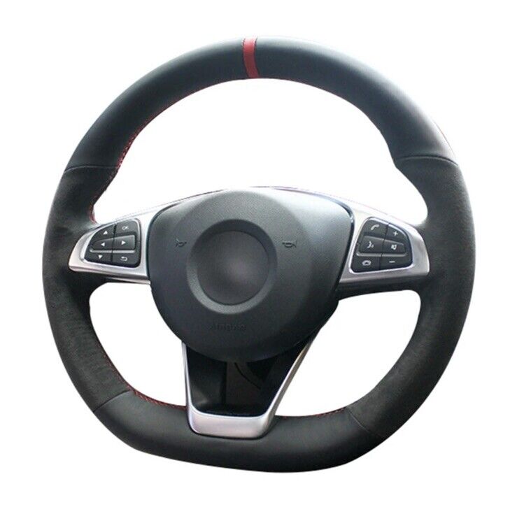 Mercedes A B C CLA Class Suede & Leather Steering Wheel Cover Red Stitch & Line
