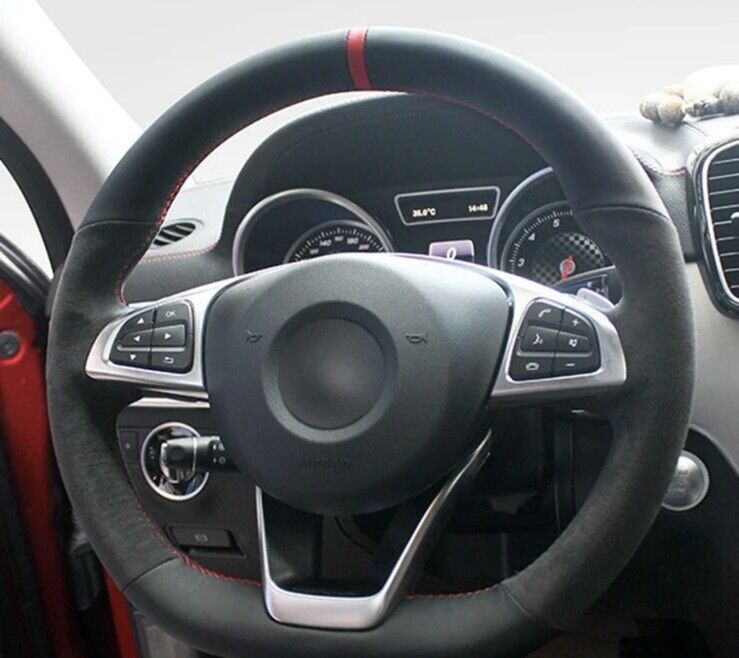 Mercedes A B C CLA Class Suede & Leather Steering Wheel Cover Red Stitch & Line