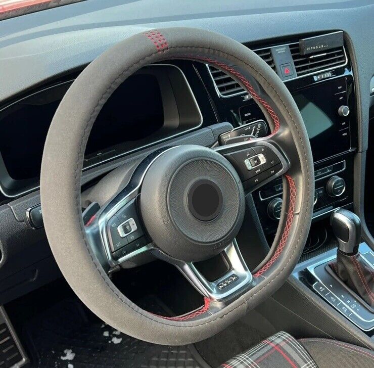 38cm Black Suede Flat Bottom Steering Wheel Cover Red Centre Line Universal Fit