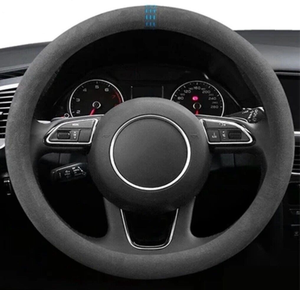 38cm Black Suede Steering Wheel Cover With Blue Centre Line Marker Universal Fit