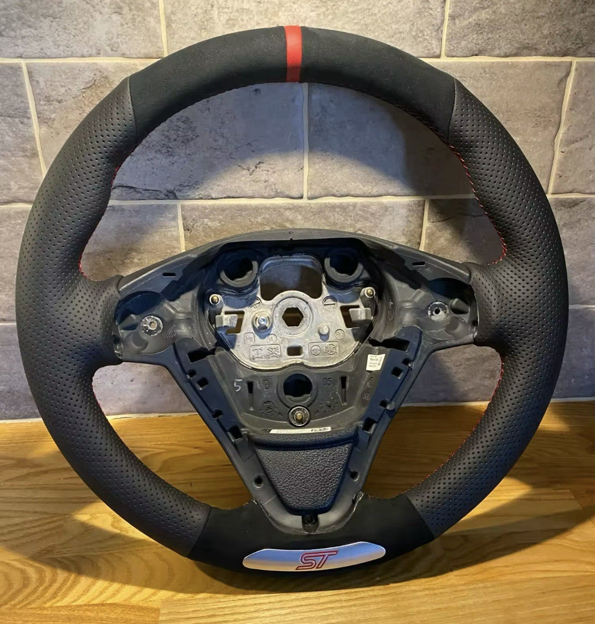 Ford Fiesta ST MK7.5 Genuine Leather + Suede Steering Wheel Cover Red Thread