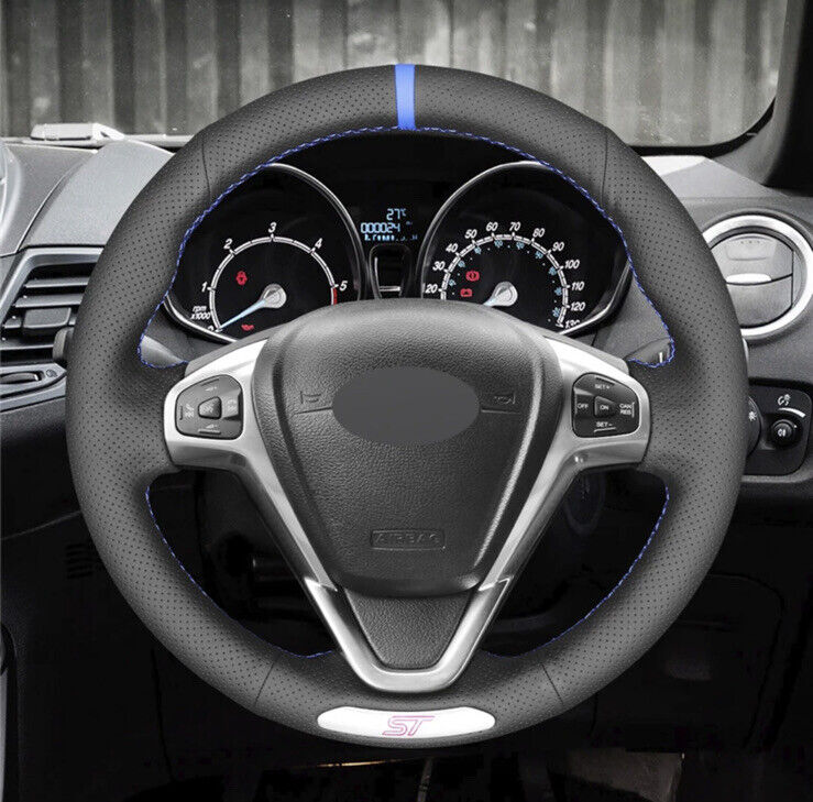 Ford Fiesta ST MK7/7.5 Black Perforated Leather Steering Wheel Cover Blue Thread