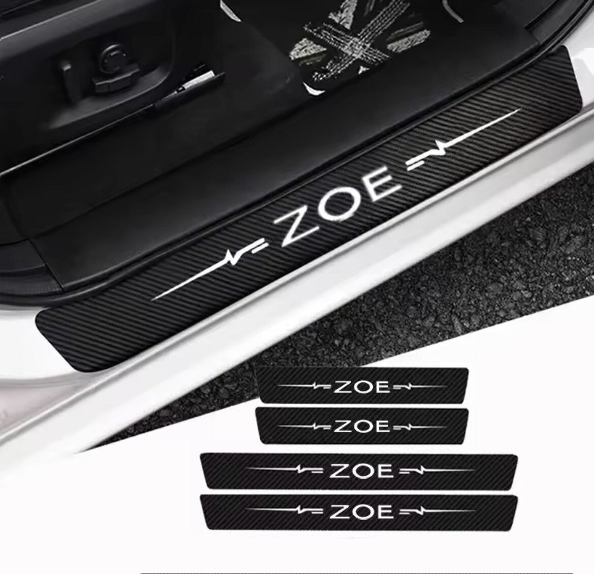 Renault Zoe Carbon Fibre Effect Vinyl Adhesive Door Sill Overlay Strips 4pcs
