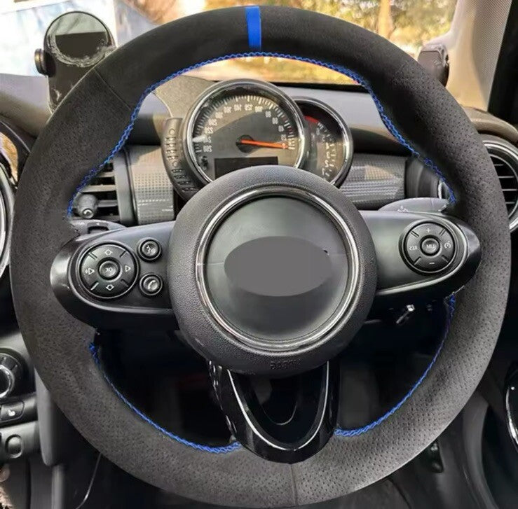 Mini Cooper 2014-2016 Suede Steering Wheel Cover Self Stitch Blue Thread