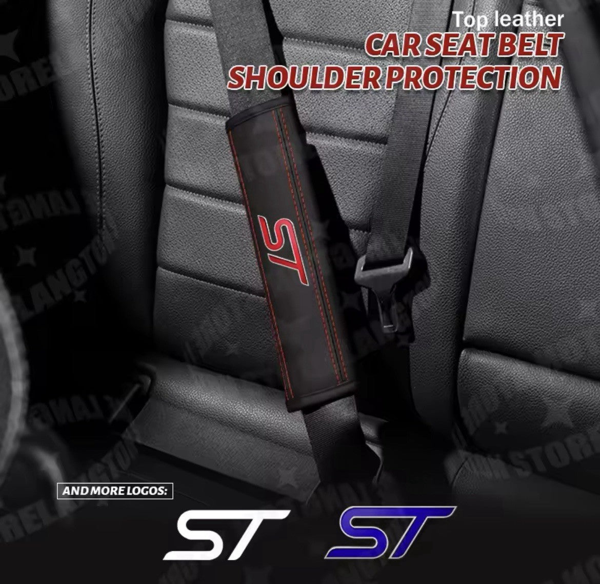 Ford ST Seatbelt Cover Pads For Ford Fiesta Focus Puma ST Black & Red 2pcs