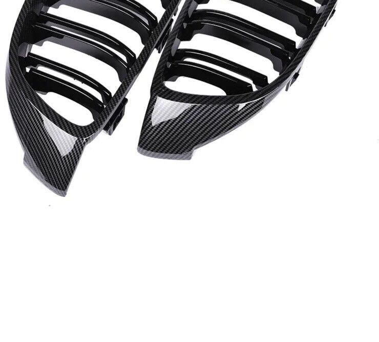 Carbon Fibre Effect & Gloss Black Double Slat Kidney Grille For BMW 3 Series