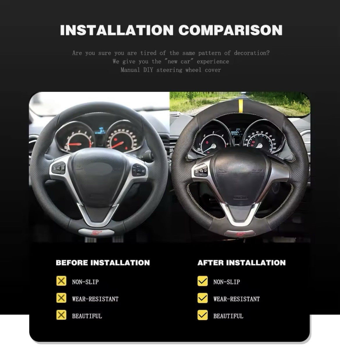 Ford Fiesta ST MK7.5 Genuine Leather + Suede Steering Wheel Cover Yellow Thread