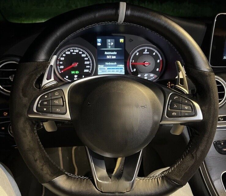 Mercedes A B C CLA Class Suede & Leather Steering Wheel Cover Grey Stitch & Line