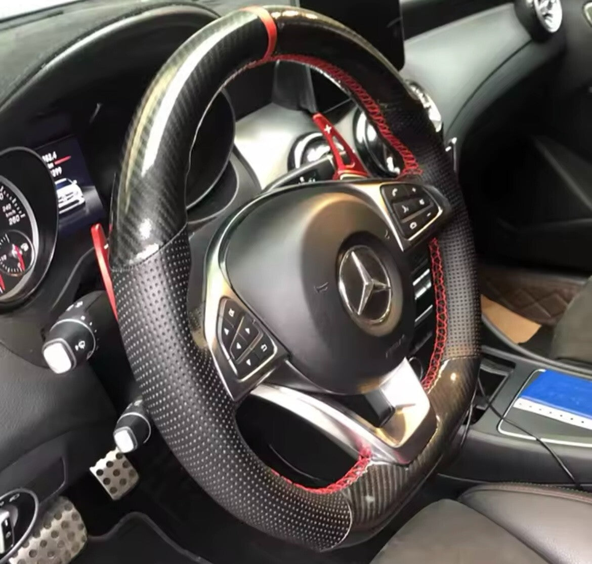Mercedes A B C CLA E GLC M Class Carbon Fibre & Leather Steering Wheel Cover Red