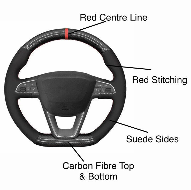 Seat Ibiza Leon FR Suede & Carbon Fibre Steering Wheel Cover Red Black
