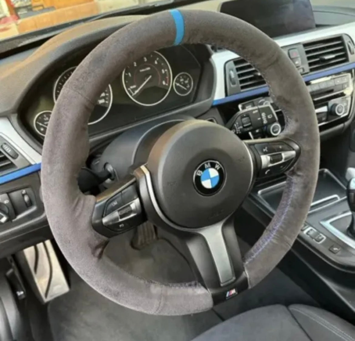 BMW 12345X Series M Sport Suede Steering Wheel Cover Self Stitch With Blue, Navy And Red Thread
