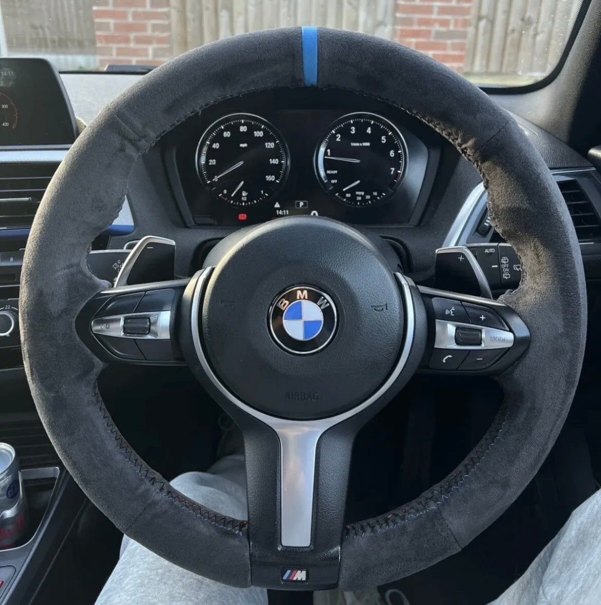 BMW 12345X Series M Sport Suede Steering Wheel Cover Self Stitch With Blue, Navy And Red Thread