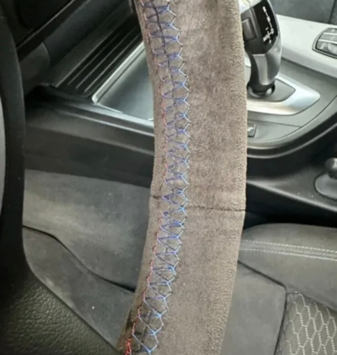 BMW 12345X Series M Sport Suede Steering Wheel Cover Self Stitch With Blue, Navy And Red Thread