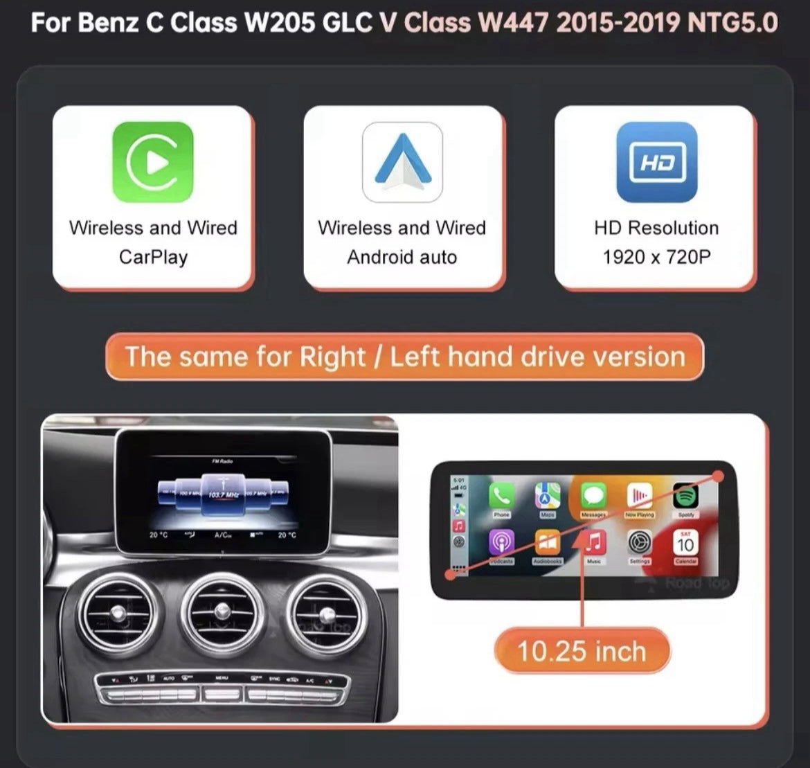 10.25" NTG5.0 Screen Upgrade With Carplay Android Auto For Mercedes A C CLA GLA GLC V Class W205 W176 W447 2015-2018
