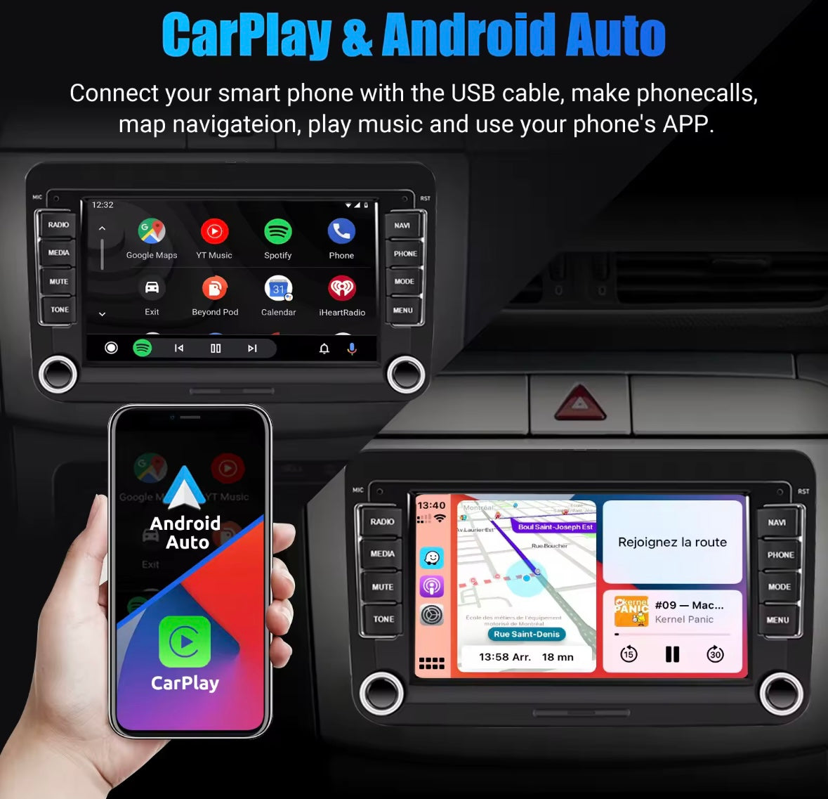 7" Touchscreen Unit With Apple Carplay & Android Auto For Volkswagen, Skoda, Seat