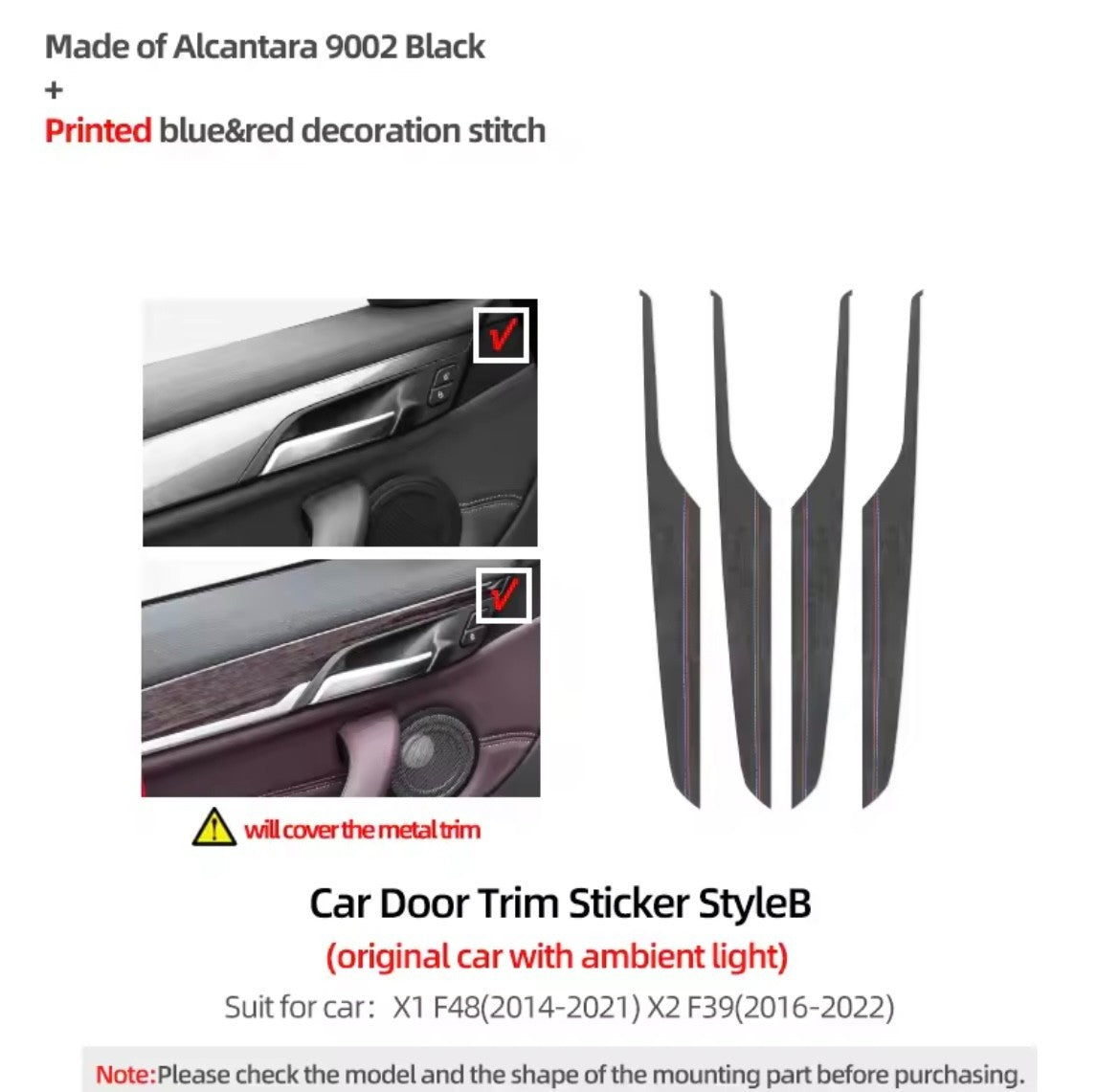 BMW X1 F48 X2 F39 2014-2022 Black Alcantara Door Card Panel Trim Covers 4pcs (B)