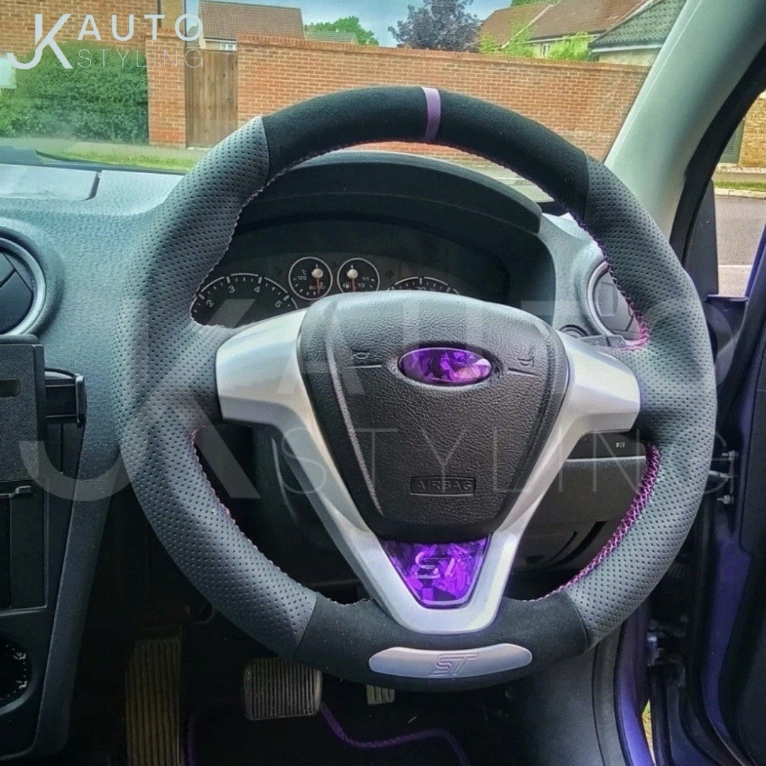 Genuine Leather + Suede Steering Wheel Cover Purple For Ford Fiesta ST MK7.5