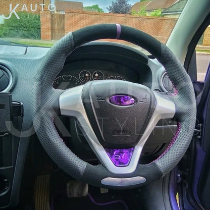 Genuine Leather + Suede Steering Wheel Cover Purple For Ford Fiesta ST MK7.5