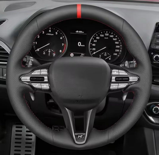 Hyundai I30 Kona Veloster N Leather Steering Wheel Cover Self Stitch Red Thread