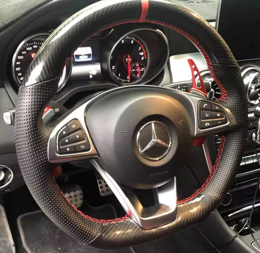 Mercedes A B C CLA E GLC M Class Carbon Fibre & Leather Steering Wheel Cover Red