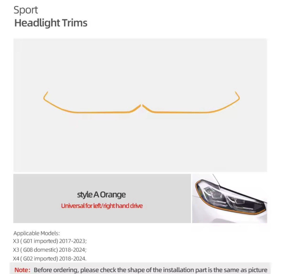 BMW X3 G01 G08 X4 G02 2017-2024 Orange Headlight Eyebrow Liner Strips 2pcs