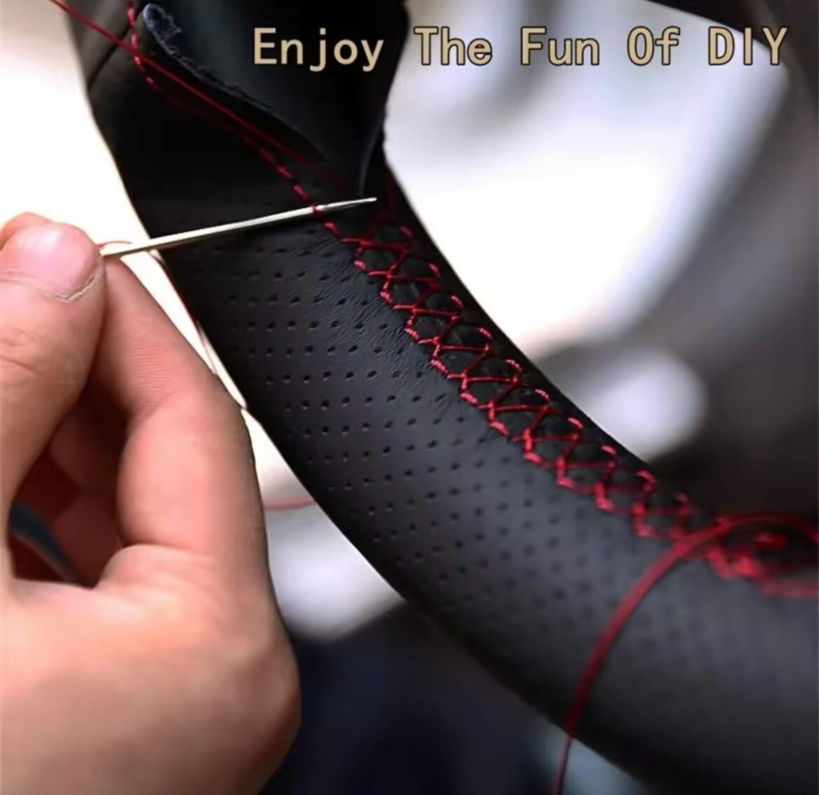 Hyundai I30 Veloster Leather Suede Steering Wheel Cover Self Stitch Red Thread