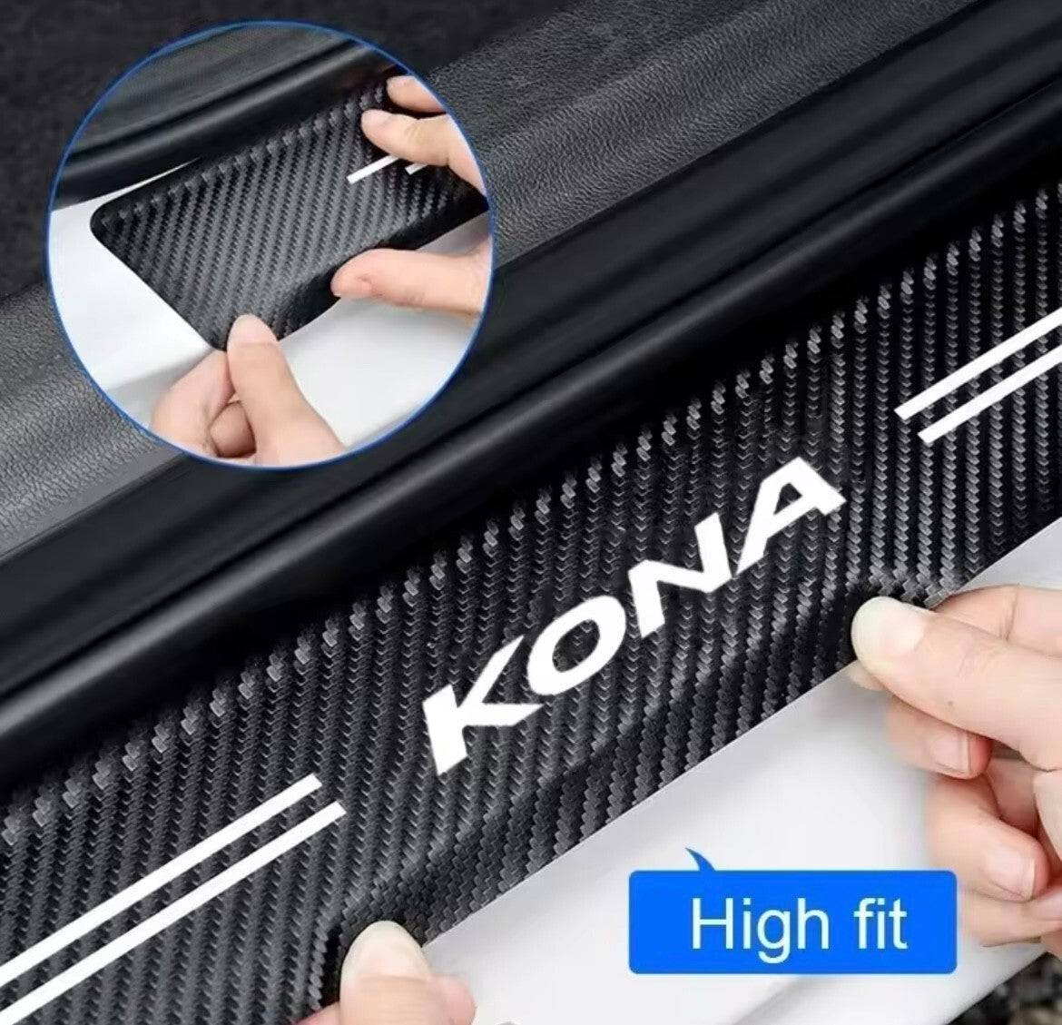 Hyundai KONA Carbon Fibre Effect Vinyl Adhesive Door Sill Overlay Strips 4pcs