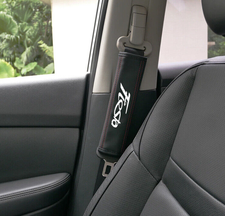 Ford Fiesta Seatbelt Cover Shoulder Pad Black Leather With Red Stitch 2pcs