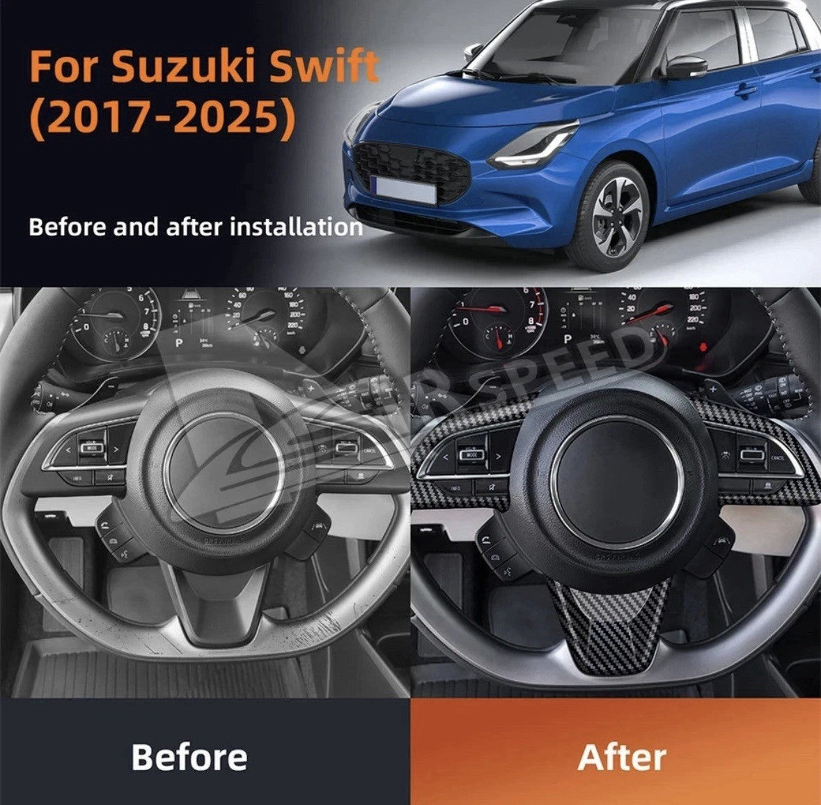 Suzuki Swift 2017-2025 Carbon Fibre Steering Wheel Trim Cover Overlay Set
