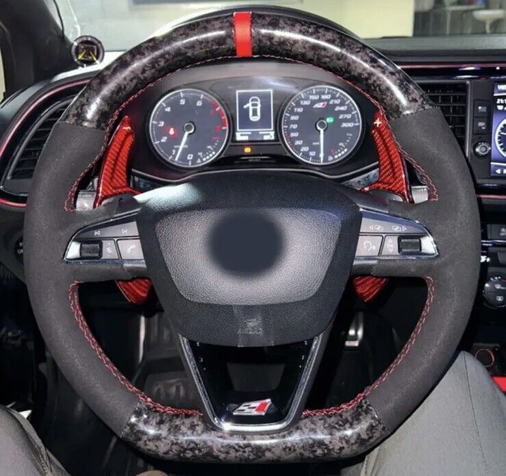 Seat Ibiza Leon FR Suede & Forged Carbon Fibre Steering Wheel Cover Red Black