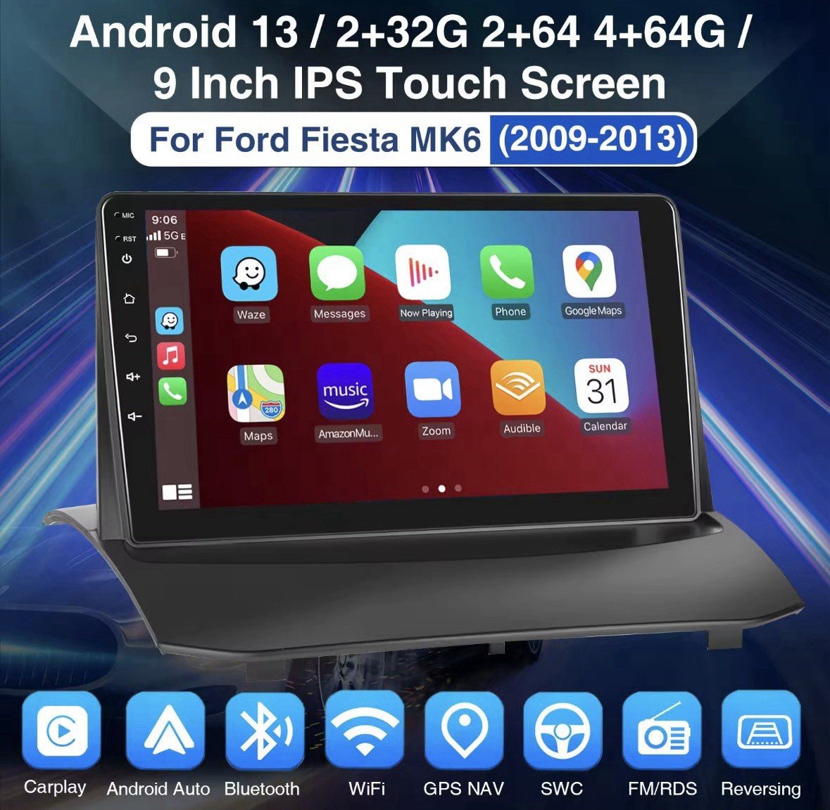 9" Carplay Android Auto Screen Upgrade With Camera For Ford Fiesta MK7 2008-2017