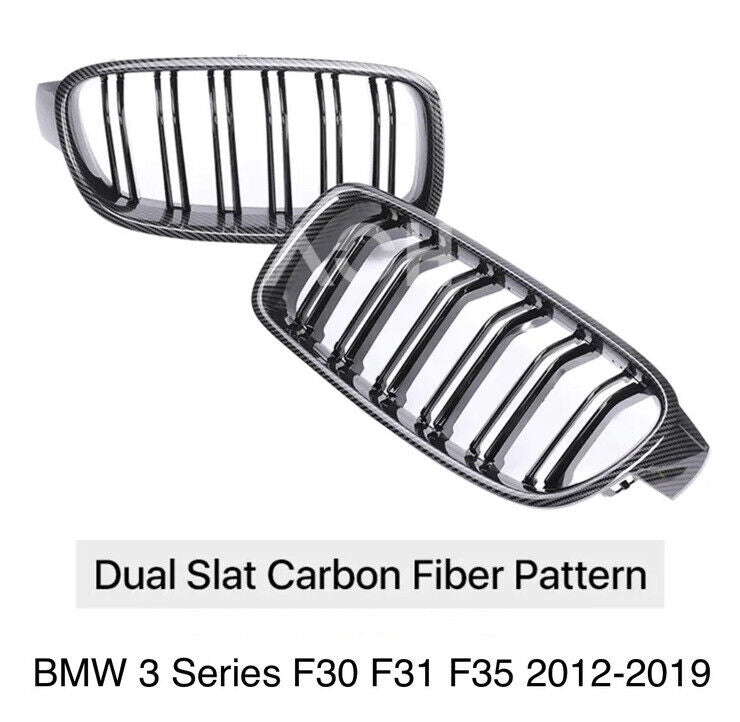 Carbon Fibre Effect & Gloss Black Double Slat Kidney Grille For BMW 3 Series