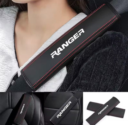 Ford Ranger PU Leather Seatbelt Shoulder Cover Pads Black With Red Stitch