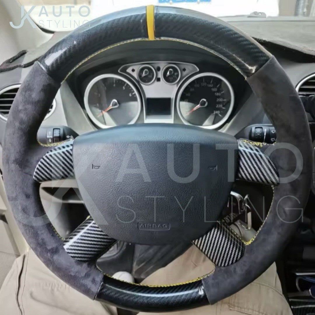 Ford Focus Mk2 2005-2011 Suede & Carbon Fibre Steering Wheel Cover Yellow Thread